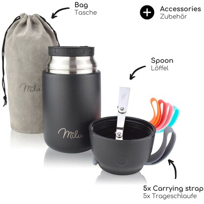 Artikelbild 3 für Milu Isolier-Speisebehälter schwarz 1 Thermobehälter mit Tasche, klappbarer Löffel, 5 farbige Trageschlaufen aus Gummi, 1 St., Artikelnummer 860003