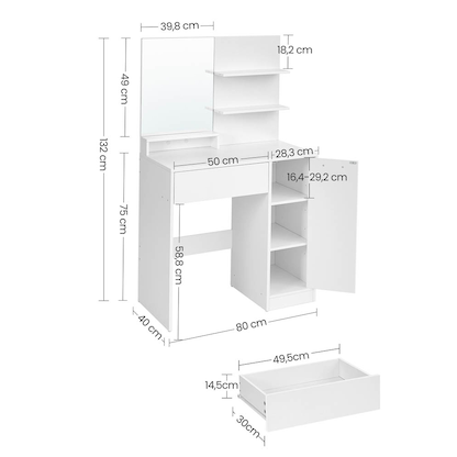 Artikelbild 2 für VASAGLE Schminktisch rechteckig Melamin, Spanplatte weiß 80,0 x 40,0 x 132,0 cm, 1 St., Artikelnummer 438537