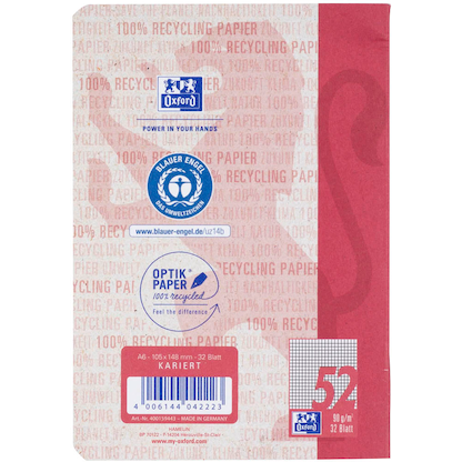 Artikelbild 5 für OXFORD Schulhefte Recycling Lineatur 52 kariert DIN A6 ohne Rand, 32 Blatt, 1 St., Artikelnummer 704233