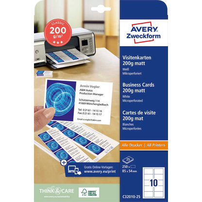 Artikelbild 3 für AVERY Zweckform Visitenkarten C32010-25 matt weiß 200 g/qm, 250 St., Artikelnummer 607402