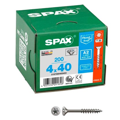 Artikelbild für SPAX® Universalschrauben T20 Senkkopf Edelstahl A2 0197000400403 4 mm x 40 mm, 200 St., Artikelnummer 394399