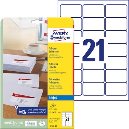 Artikelbild für AVERY Zweckform Adressetiketten J8160-25 weiß 63,5 x 38,1 mm, 25 Blatt, Artikelnummer 479436
