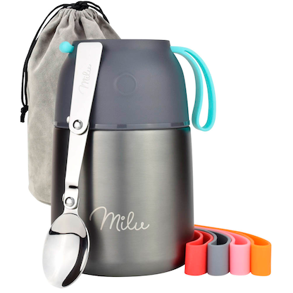 Artikelbild für Milu Isolier-Speisebehälter grau 1 Thermobehälter mit Tasche, klappbarer Löffel, 5 farbige Trageschlaufen aus Gummi, 1 St., Artikelnummer 860052