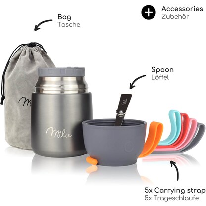 Artikelbild 3 für Milu Isolier-Speisebehälter grau 1 Thermobehälter mit Tasche, klappbarer Löffel, 5 farbige Trageschlaufen aus Gummi, 1 St., Artikelnummer 860052