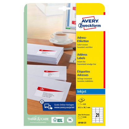 Artikelbild 2 für AVERY Zweckform Adressetiketten J8160-25 weiß 63,5 x 38,1 mm, 25 Blatt, Artikelnummer 479436