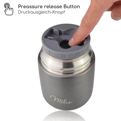 Artikelbild 4 für Milu Isolier-Speisebehälter grau 1 Thermobehälter mit Tasche, klappbarer Löffel, 5 farbige Trageschlaufen aus Gummi, 1 St., Artikelnummer 860052