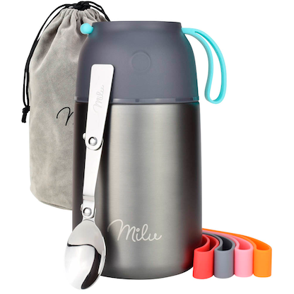 Artikelbild für Milu Isolier-Speisebehälter grau 1 Thermobehälter mit Tasche, klappbarer Löffel, 5 farbige Trageschlaufen aus Gummi, 1 St., Artikelnummer 860033