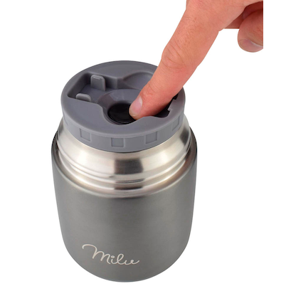 Artikelbild 3 für Milu Isolier-Speisebehälter grau 1 Thermobehälter mit Tasche, klappbarer Löffel, 5 farbige Trageschlaufen aus Gummi, 1 St., Artikelnummer 860033