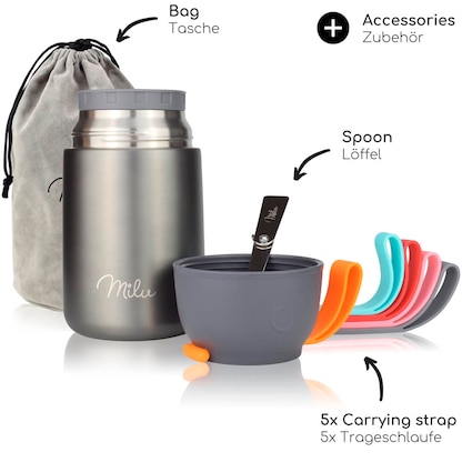 Artikelbild 4 für Milu Isolier-Speisebehälter grau 1 Thermobehälter mit Tasche, klappbarer Löffel, 5 farbige Trageschlaufen aus Gummi, 1 St., Artikelnummer 860033