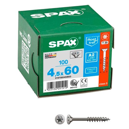 Artikelbild für SPAX® Universalschrauben T20 Senkkopf Edelstahl A2 0197000450603 4,5 mm x 60 mm, 100 St., Artikelnummer 395008