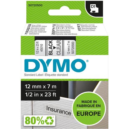 Artikelbild 2 für DYMO Schriftband D1 45010 S0720500, 12 mm, schwarz auf transparent, 1 St., Artikelnummer 148395