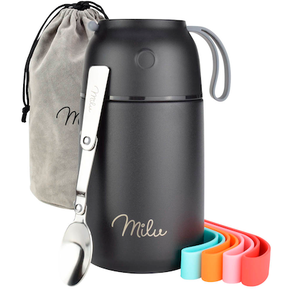 Artikelbild für Milu Isolier-Speisebehälter schwarz 1 Thermobehälter mit Tasche, klappbarer Löffel, 5 farbige Trageschlaufen aus Gummi, 1 St., Artikelnummer 860003