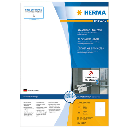 Artikelbild 6 für HERMA Etiketten 10315 weiß 210,0 x 297,0 mm, 100 Blatt, Artikelnummer 898171