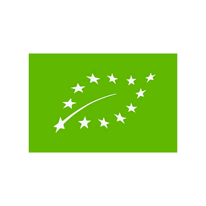 EU-Biosiegel: Grüne Fläche mit weißem Sternenblatt-Symbol.