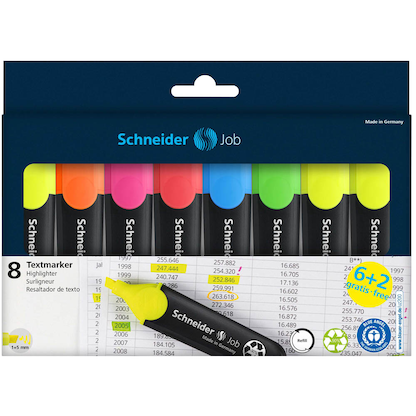 Artikelbild 2 für 6 + 2 GRATIS: Schneider Job Textmarker farbsortiert, 6 St. + GRATIS 2 St., Artikelnummer 322079