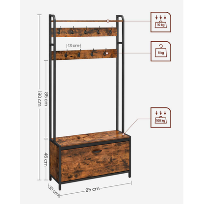 Artikelbild 3 für VASAGLE Garderobenbank mit Haken HSR405B01 weiß, eiche Metall 85,0 cm, Artikelnummer 759627
