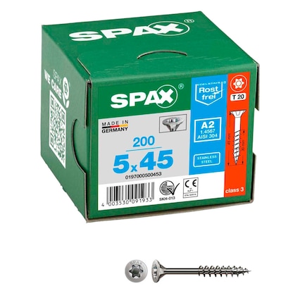 Artikelbild für SPAX® Universalschrauben T20 Senkkopf Edelstahl A2 0197000500453 5 mm x 45 mm, 200 St., Artikelnummer 395029