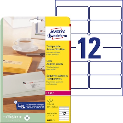 Artikelbild für AVERY Zweckform Folien-Adressetiketten L4772-25 transparent 99,1 x 42,3 mm, 25 Blatt, Artikelnummer 345470