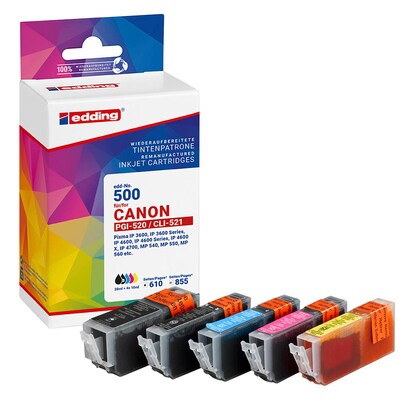 Artikelbild für edding EDD-500 schwarz, cyan, magenta, gelb Druckerpatronen kompatibel zu Canon PGI-520 BK, CLI-521 BK/C/M/Y, 5er-Set, Artikelnummer 128272