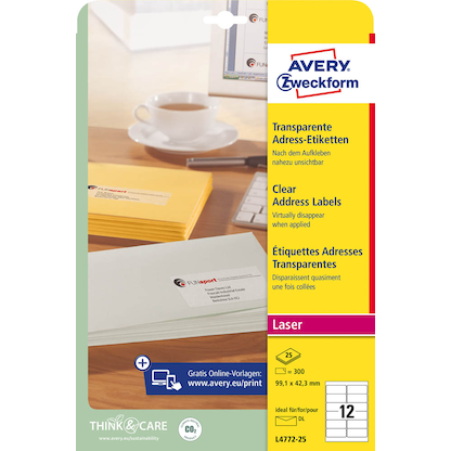 Artikelbild 2 für AVERY Zweckform Folien-Adressetiketten L4772-25 transparent 99,1 x 42,3 mm, 25 Blatt, Artikelnummer 345470