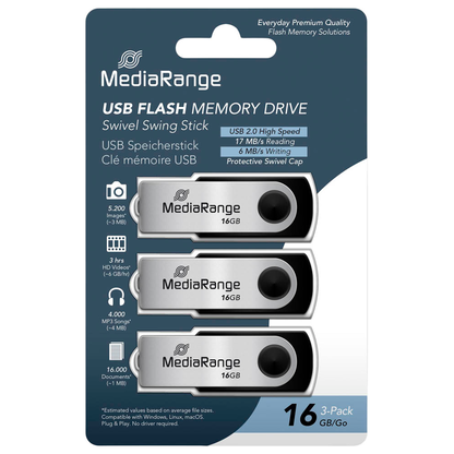 Artikelbild 2 für MediaRange USB-Sticks MR910-3 schwarz, silber 16 GB, 3 St., Artikelnummer 570399