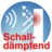 Piktogramm mit Schallwellen und rotem Punkt, Aufschrift „schalldämpfend“.
