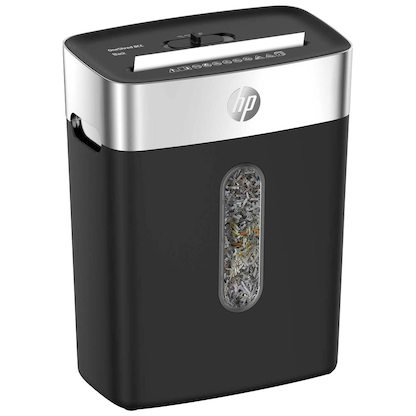 Artikelbild für AKTION: HP OneShred 8CC Aktenvernichter mit Partikelschnitt P-4, 5 x 18 mm, bis 8 Blatt, schwarz, silber, Artikelnummer 539548