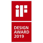 iF Design Award 2019 – rotes Logo mit weißem Schriftzug und abstrakten Formen