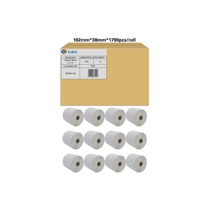 Artikelbild für G&G Etikettenrollen für Etikettendrucker ersetzt Zebra 800264-155 weiß, 102,0 x 38,0 mm, 12 x 1790 Etiketten, Artikelnummer 130977