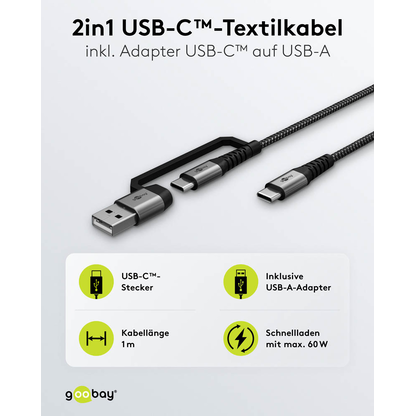 Artikelbild 5 für goobay USB 2.0 C/USB 2.0 C, 2.0 A USB-Kabel 1,0 m grau, schwarz, 1 St., Artikelnummer 656128