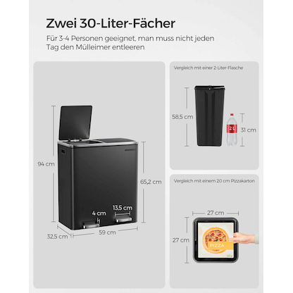 Artikelbild 4 für SONGMICS Mülltrenner 2x 30,0 l schwarz, 1 St., Artikelnummer 261679