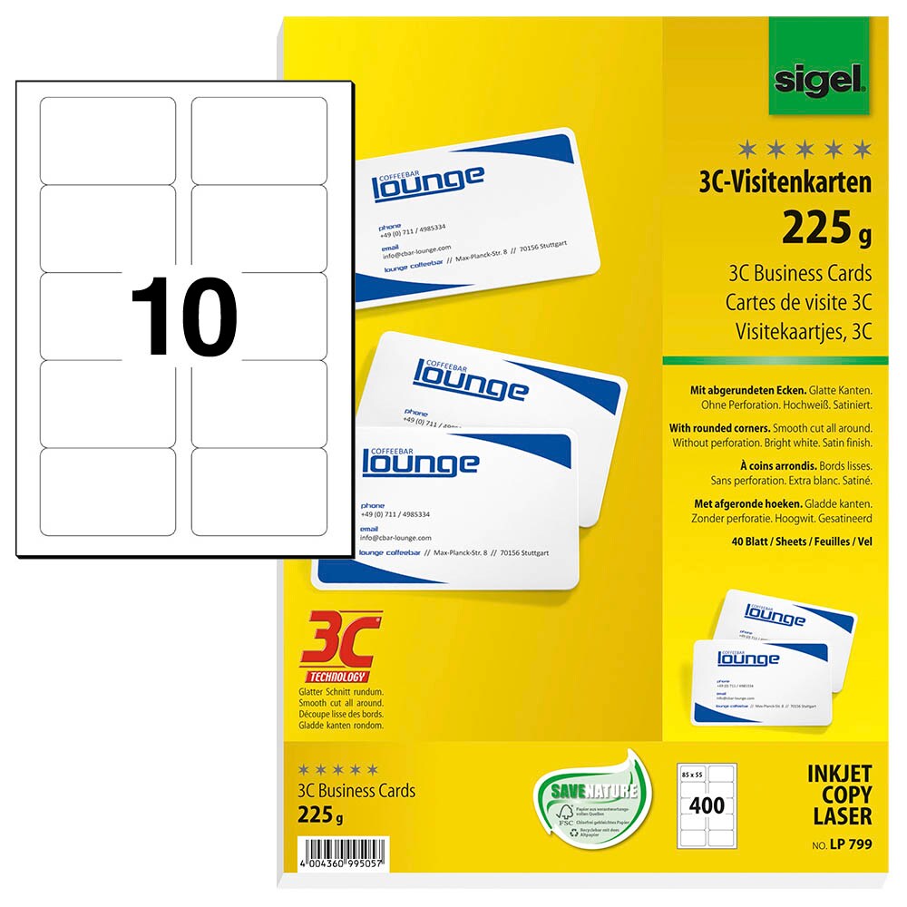 Visitenkarten, 3C, glatter Schnitt rundum, mit abgerundeten Ecken, 225 g/qm, hochweiß, 100 Stück - - schreiben schenken genießen