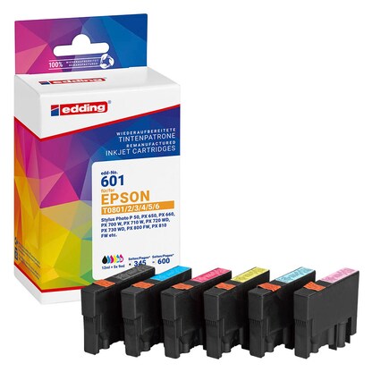 Artikelbild für edding EDD-601 schwarz, cyan, magenta, gelb, light cyan, light magenta Druckerpatronen kompatibel zu EPSON T0807, 6er-Set, Artikelnummer 280693