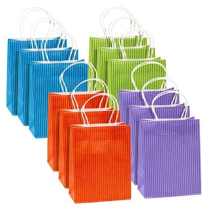 Artikelbild für TSI Geschenktüten STREIFEN blau,grün, orange, lila 18,0 x 23,0 cm, 12 St., Artikelnummer 653119