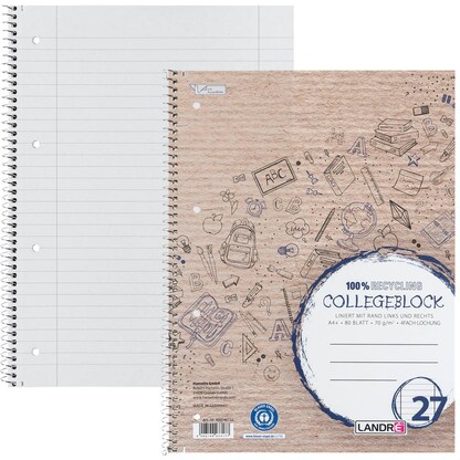Artikelbild für LANDRÉ® Collegeblock Recycling Lineatur 27 liniert DIN A4 Innen- und Außenrand, 1 St., Artikelnummer 703031