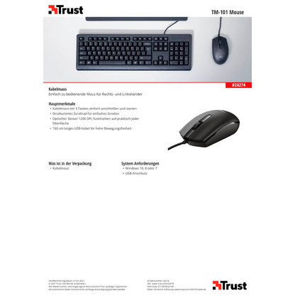 Artikelbild 5 für Trust TM-101 Maus kabelgebunden schwarz, Artikelnummer 975381