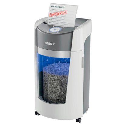Artikelbild für LEITZ IQ OptiMax Office 550 Aktenvernichter mit Partikelschnitt P-5, 2 x 15 mm, bis 10 Blatt, weiß, Artikelnummer 390167