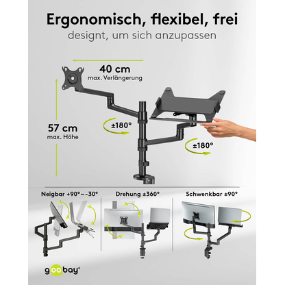 Artikelbild 11 für goobay Laptop-Monitor-Halterung Deluxe 74417 schwarz für 1 Monitor und 1 Notebook, Tischbohrung, Tischklemme, Artikelnummer 656187