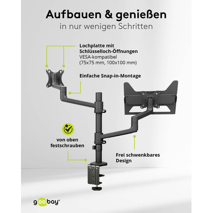 Artikelbild 9 für goobay Laptop-Monitor-Halterung Deluxe 74417 schwarz für 1 Monitor und 1 Notebook, Tischbohrung, Tischklemme, Artikelnummer 656187