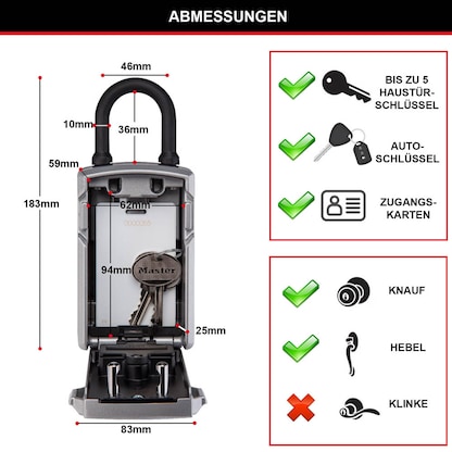 Artikelbild 7 für Master Lock® 5440EURD Schlüsseltresor silber, Zahlenschloss, 8,3 x 5,9 x 18,3 cm, 1 St., Artikelnummer 727653