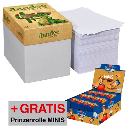 Artikelbild für AKTION: dundee Kopierpapier Laser Copy DIN A4 80 g/qm 2x 2.500 Blatt + GRATIS Prinzenrolle Mini Schoko 24 Rollen, Artikelnummer 264669
