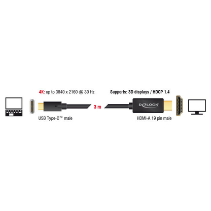 Artikelbild 2 für DeLOCK USB C/HDMI Kabel 4K 30Hz 3,0 m schwarz, 1 St., Artikelnummer 895013