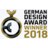 German Design Award Gewinner 2018, gold-schwarzes Kreislogo mit Schriftzug rechts.