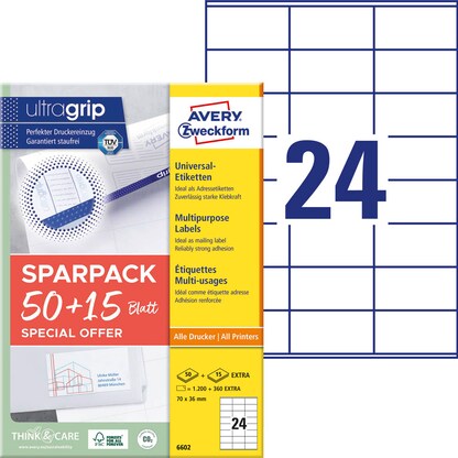 Artikelbild für AKTION: AVERY Zweckform Etiketten 6602 weiß 70,0 x 36,0 mm, 65 Blatt, Artikelnummer 116359