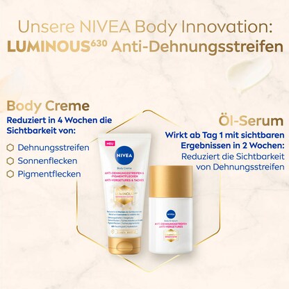 Artikelbild 2 für NIVEA LUMINOUS630® ANTI-DEHNUNGSSTREIFEN & PIGMENTFLECKEN Body Creme 200,0 ml, Artikelnummer 579447
