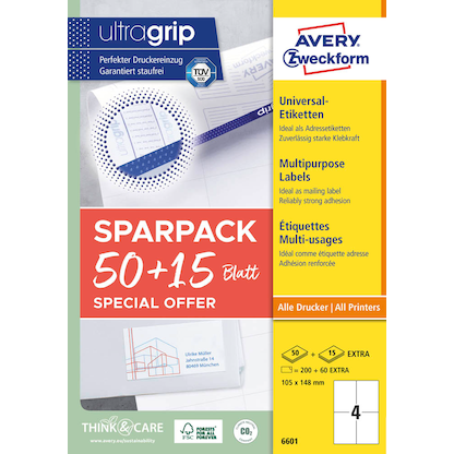 Artikelbild 2 für AKTION: AVERY Zweckform Etiketten 6601 weiß 105,0 x 148,0 mm, 65 Blatt, Artikelnummer 116349