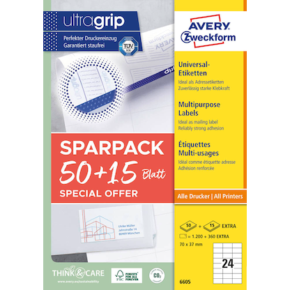 Artikelbild 2 für AKTION: AVERY Zweckform Etiketten 6605 weiß 70,0 x 37,0 mm, 65 Blatt, Artikelnummer 116388