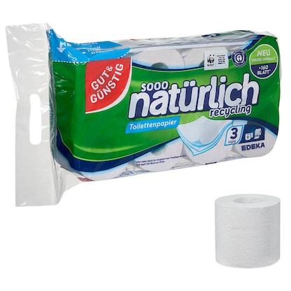Artikelbild für GUT&GÜNSTIG Toilettenpapier natürlich recycling 3-lagig Recyclingpapier, 8 Rollen, Artikelnummer 679799