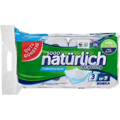 Artikelbild 5 für GUT&GÜNSTIG Toilettenpapier natürlich recycling 3-lagig Recyclingpapier, 8 Rollen, Artikelnummer 679799