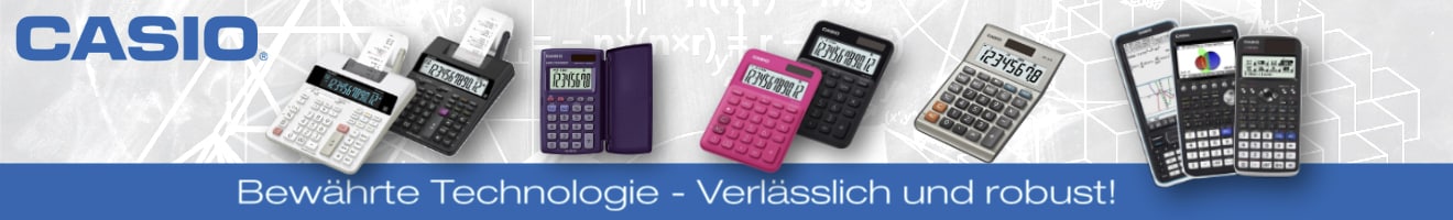 Sieben verschiedene Casio Taschenrechner in verschiedenen Farben und Modellen, darunter Tischrechner und wissenschaftliche Rechner